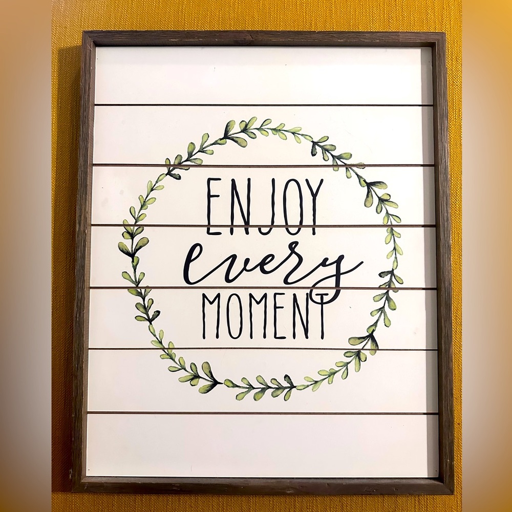 Kirkland’s Enjoy Every Moment Shiplap Framed Wall Plaque (wooden frame)